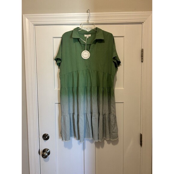 New Jodifl Green Ombré Dress Ruffle Hem Size 1X Fit Collar V Neck Linen Blend - Picture 1 of 6